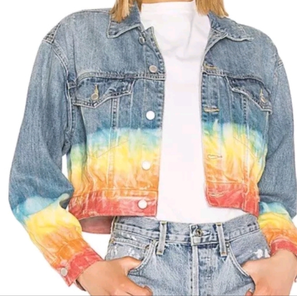 Women's Cropped Tie-Dye Hem Denim Jacket - Multicolor small